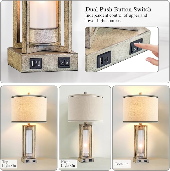 RORIANO 25" Set of 2 Farmhouse Table Lamps for Living Room with USB A+C Ports, Rustic Nightstand Lamp with White Night Light, Vintage Desk Lamp for Entryway Bedroom End Table, 4 Bulbs Included