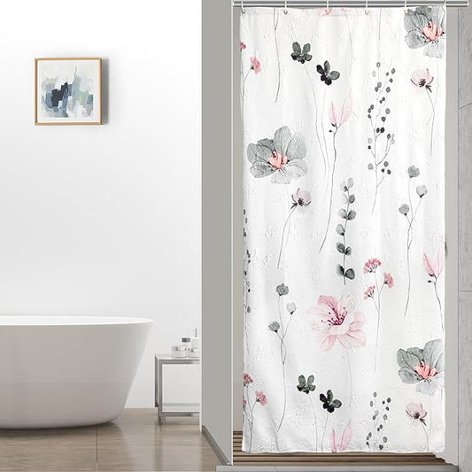 QiyI Small Stall Shower Curtain 36 x 72, Narrow Half Watercolor Floral Bath Curtain, 3D Embossed Grey Pink Flower Cloth Bathroom Curtain, Waterproof Fabric White Shower Curtain Set with Hooks