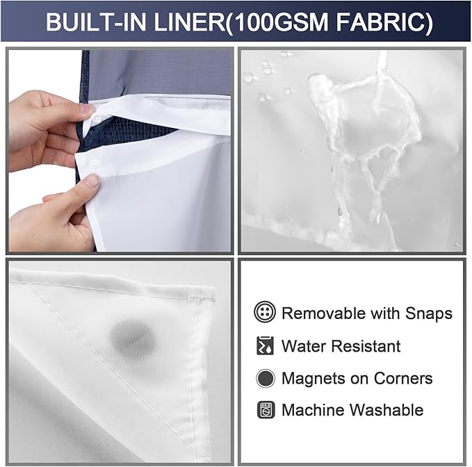 YellyHommy Stall No Hook Shower Curtain with Snap in Liner Set Less Time Blue Waffle Shower Curtain for Bathroom 75" L x 36" W