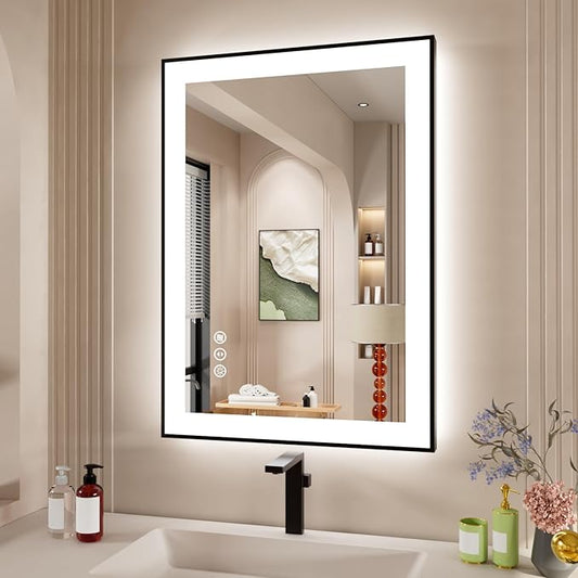 20x28 Inch LED Bathroom Mirror with Black Frame, Backlit and Front Lighted Bathroom Mirrors for Wall, Anti-Fog, Dimmable, Memory, Shatterproof, LED Vanity Mirror for Bathroom