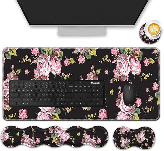 Mouse Pad Set,(31.5×11.8 in) Desk Pad + Keyboard Wrist Rest Support + Mouse Wrist Rest + Coaster for Office,Home,Computer,Laptop - 4 Rose Flower