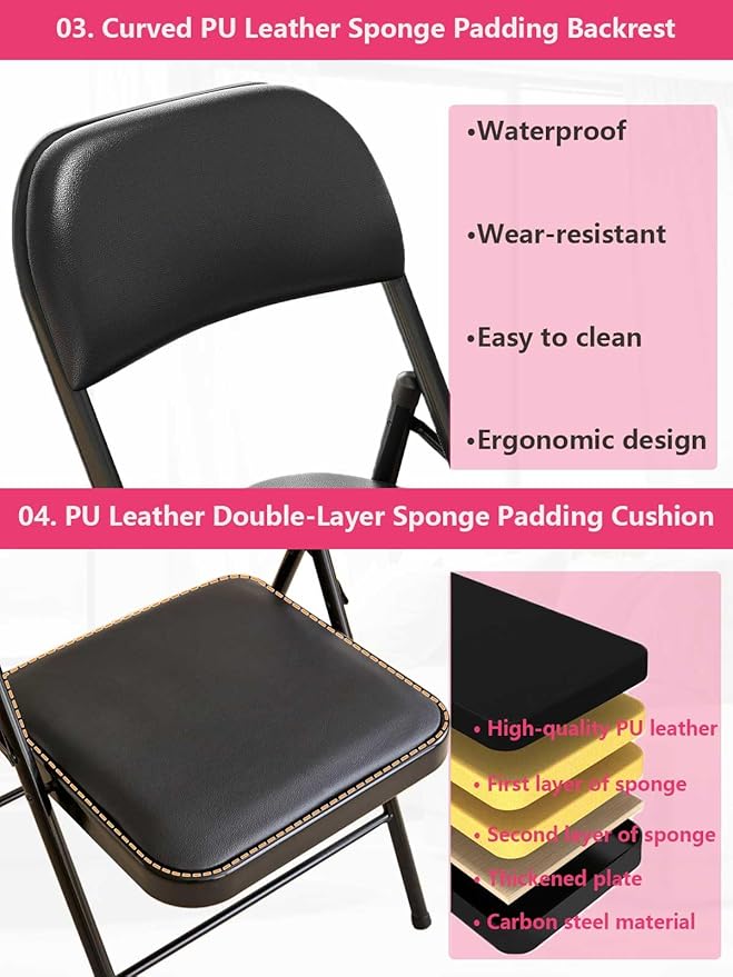 Black Padded Folding Chairs with Cushion 4 Pack, Heavy Duty Steel Metal Frame Foldable Chair for Indoor and Outdoor, Portable Stackable Commercial Seat for Bedroom Patio Party Event