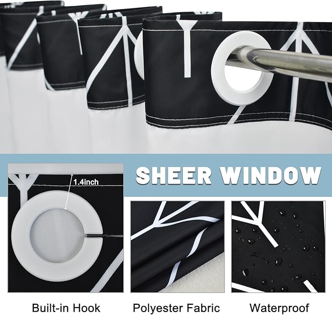 No Hook Geometric Striped Shower Curtain with Snap in Liner Set - Hotel Shower Curtain and Liner Set with See Through Mesh Top Window,Machine Washable, 71x74 INCH - Black White Herringbone