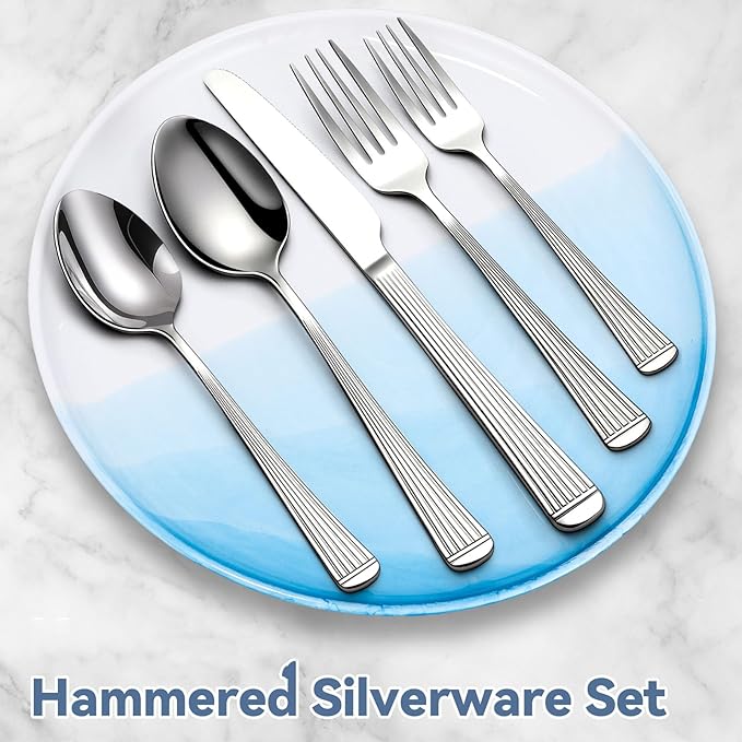 Yoehka 60-Piece Hammered Silverware Set for 12, Stainless Steel Flatware Set with Roman Column Handles, Mirror Polished Cutlery/Utensils Set for Home, Restaurant, Hotel, Dishwasher safe