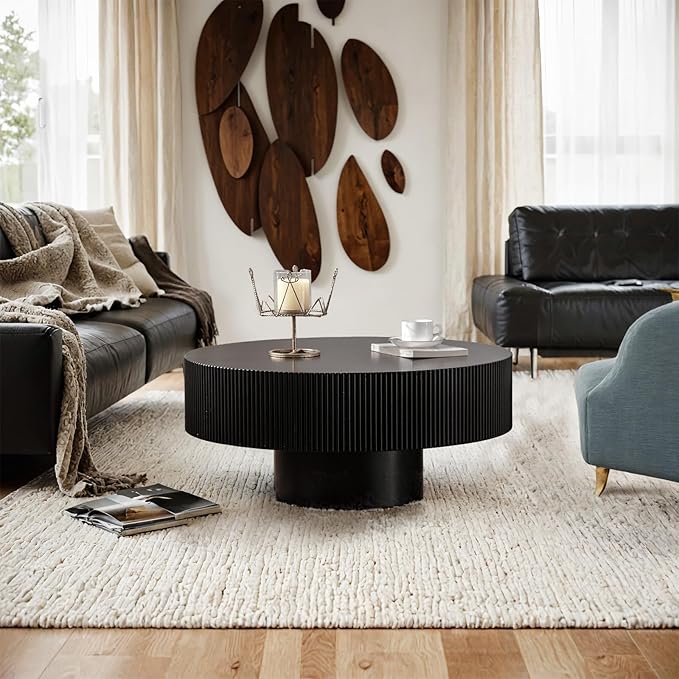 Modern Wood Coffee Table - Handcraft Drum Coffee Tables with Sturdy Base, Easy Assembly, Contemporary Style Small Coffee Table Tea Table for Living Room, Bedroom, Office (Black Thick)