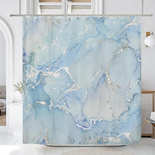 Renaiss Light Blue Marble Shower Curtain Waterproof Fabric Luxury Modern Art Shower Curtain for Bathroom Dormitory Print Decorative Shower Curtains Set with Hooks Waterproof Fabric 48" W x 72" L