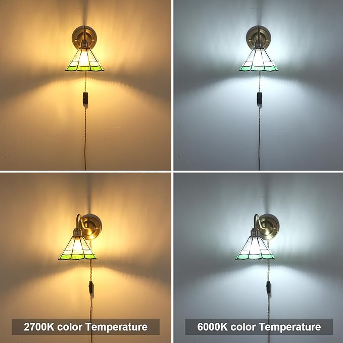 Plug in Wall Sconces Set of 2, Vintage Wall Lamps with Green Multilayer Petal Stained Glass Shade, Brass Lights Fixture Decor for Bedroom Bathroom Living Room Hallway