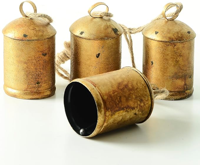 Styleonme Decorative Bells, Christmas Bell, Metal Indoor and Outdoor Blessing Bells, 4-Piece Set of Harmonious Bells, Vintage Handmade and Rustic Lucky Christmas Bells Hanging on a Rope