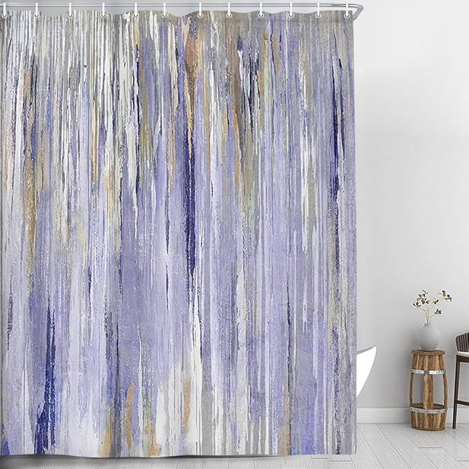 JAWO Abstract Shower Curtain, Modern Aesthetic Stripe Shower Curtain Sets with 12 Hooks for Bathtub Bathroom Gray Purple Contemporary Abstract Painting Fabric, 69x84