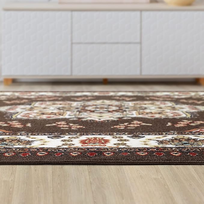 Antep Rugs Alfombras Oriental Traditional 4x6 Non-Skid (Non-Slip) Low Profile Pile Rubber Backing Indoor Area Rugs (Brown, 4' x 5'8")