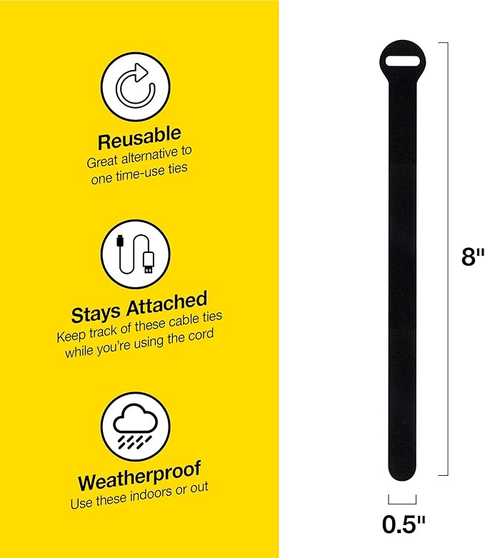 Self-Gripping Cable Ties by Wrap-It Storage, Black, 8 Inch Straps (30-pack) – Reusable Hook and Loop Cord Organizer Cable Ties for Cord Management and Desk or Office Organization