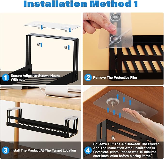 Under Desk Cable Management Tray, 17 in Metal Cable Tray Basket for Wire Management, Power Strip Holder, Cord Organizer, Wire Tamer for Home/Office Desk Cable Hider Black, 2 Pack