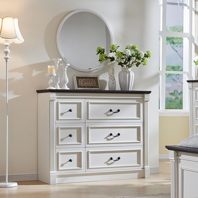 6 Drawers Dresser for Bedroom, Farmhouse 47.8" Wide Dressers & Chests of Drawers w/Roman Column, Wood Rustic Closet Dresser with Two Different Drawer Sizes for Bedroom, Living Room, White