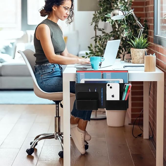 MAXECHO Desk Side Storage, Under Desk Laptop Mount, Table Side Hanging File Organizer, No Drill Clamp On Cable Management Tray, Laptop Holder with Magnetic Pen Holder for Office and Home, Load 22 Lbs