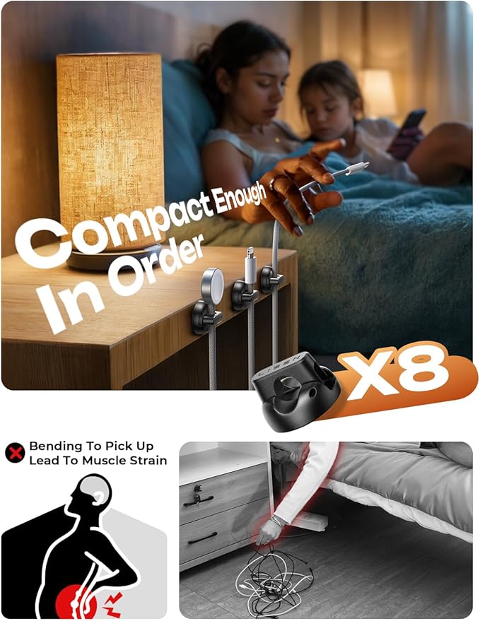 8 Pack Charging Cord Organizer [1S Snap-on] LISEN Magnetic Charging Cord Holder, Easy Open Cable Holder with Strong Adhesive, Cable Management Clips Neatly for Nightstand, Desk, Home, Office, Car