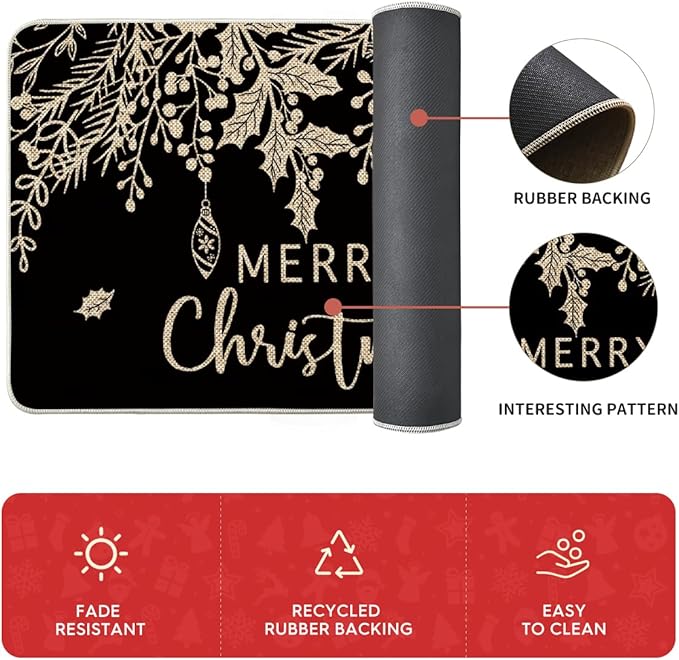 Artoid Mode Black Holly Pine Branches Merry Christmas Kitchen Mats Set of 2, Winter Decor Low-Profile Kitchen Rugs for Floor - 17x29 and 17x47 Inch