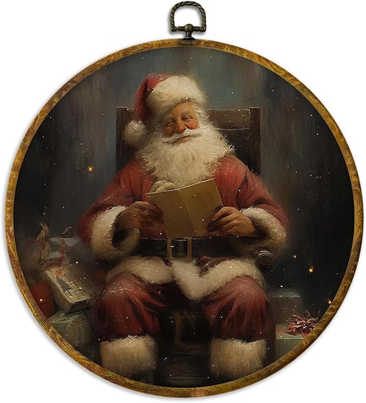 XPH Vintage Christmas Santa Round Wall Art Framed, Rustic Christmas Santa Reading Book Circle Wall Decor, Retro Winter Xmas Hanging Canvas Prints for Home Bedroom Living Room Decoration, 10x10 Inch