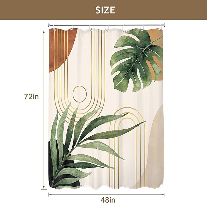 Glawry Boho Sage Green Shower Curtain Small Stall Narrow Mid Century Abstract Bohemian Botanical Palm Leaf Bathroom Liner Arch 48Wx72L Inches Bath Accessories Art Home Decor Fabric 7 Pack Hook