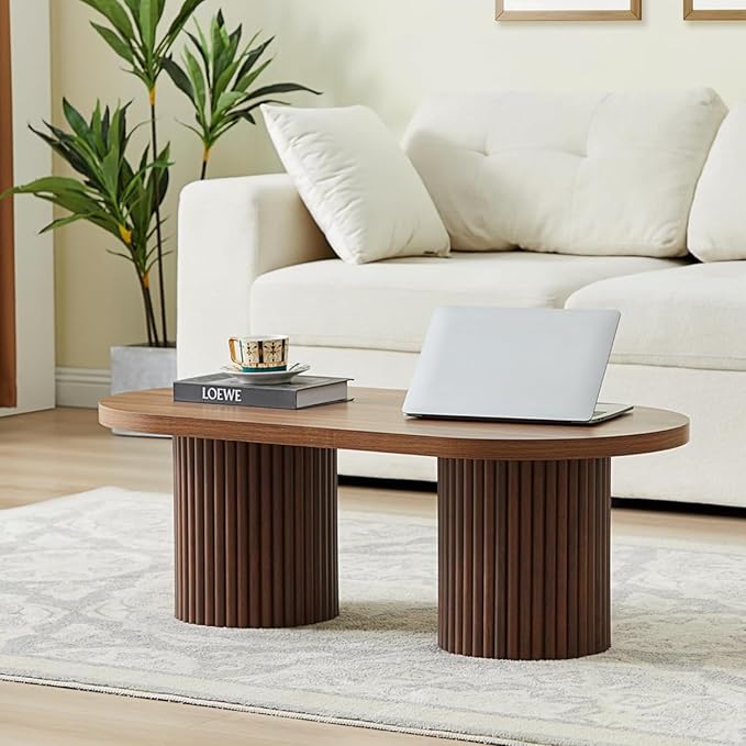 AVZEAR Oval Fluted Coffee Table for Living Room, Mid Century Modern Coffee Table with Fluted Legs, Curved Round Wooden Center Table for Home, Office, Cafe, Vintage Walnut (39.38" x 19.69" x 13.78")