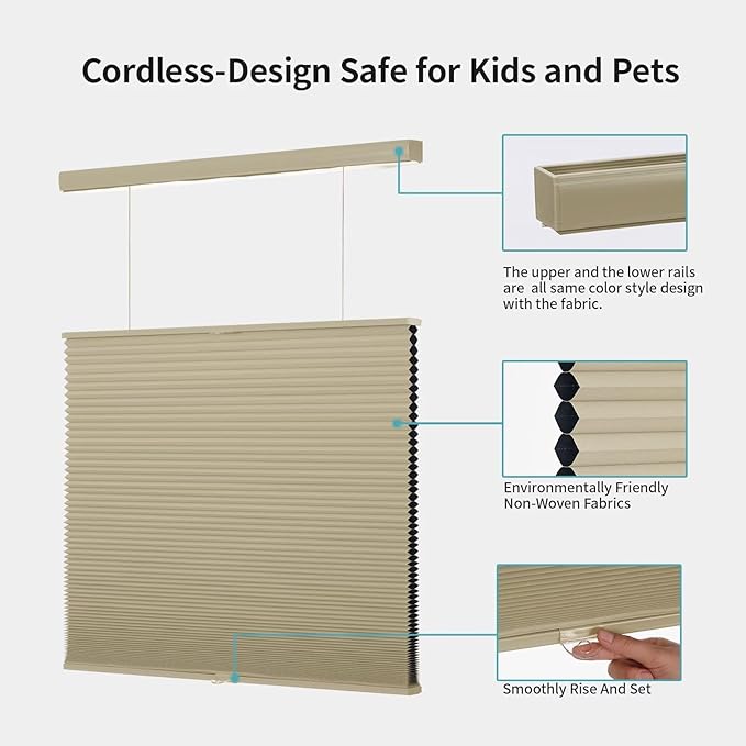 MYshade Top Down Bottom Up（TDBU） Cellular Shades, 1.5 inch Cordless Blackout Honeycomb Pleated Blinds for Windows Home Bedroom Office, Light Control, Thermal Insulated, 35" W x 72" H, Beige