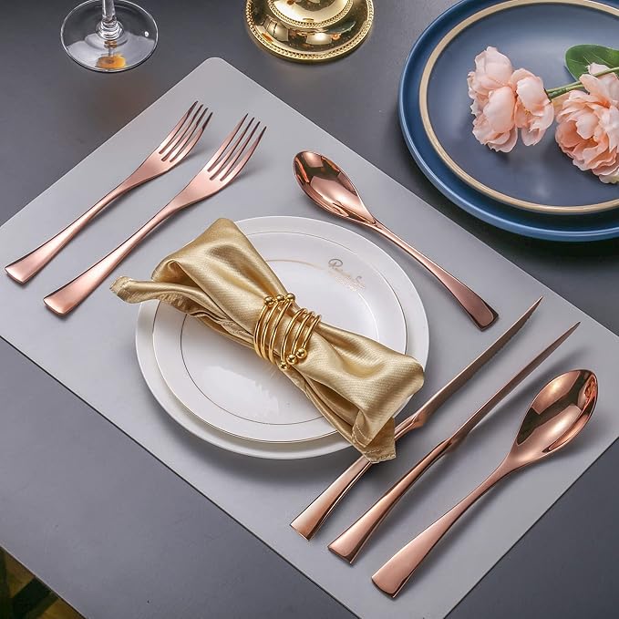 Lemeya 24-Piece Rose Gold Silverware Set with Steak Knives,Forged 18/10 Stainless Steel Cutlery Set for 4,Modern Heavy Duty Flatware Utensils Set,Forks Spoons and Knives Set,Dishwasher Safe