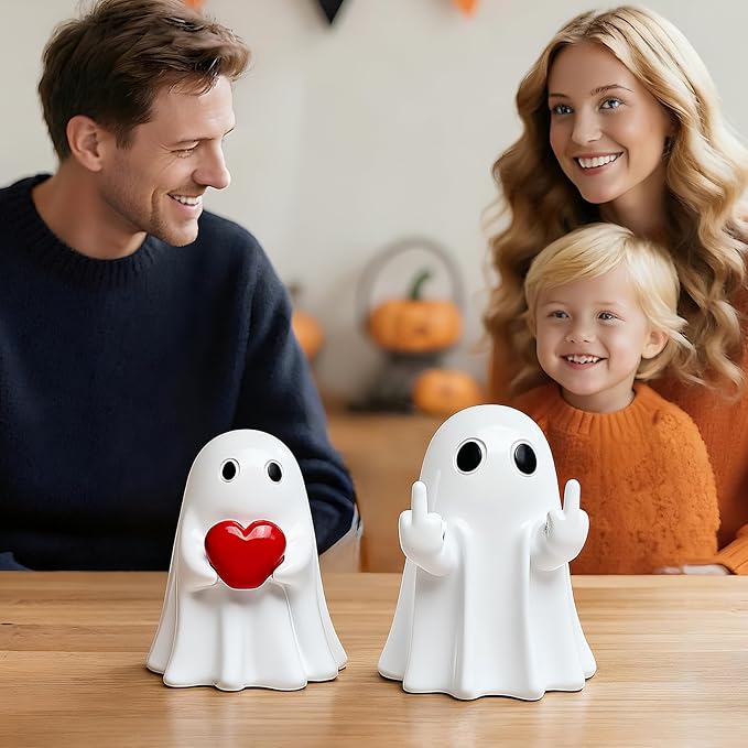 Halloween Ghost Figurine Decor - 2Packs Funny Middle Finger & Heart Hallowen Statue, Cute Spooky Ghosts Figurine Hallowee Decoration for Gift Props Tabletop Home Decor New Year's Gifts