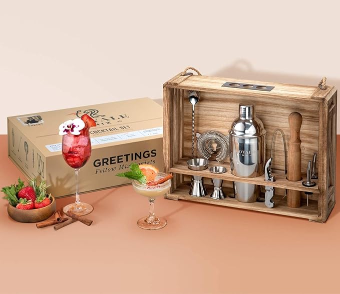 Cocktail Mixology Bartender Kit with Rustic Wood Stand - 11 Piece Bartender Bar Tool Set Cocktail Drink Mixer Shaker Set for Memorable Drink Mixing Bar Kit Experiences - Barware Set Bartending Kit