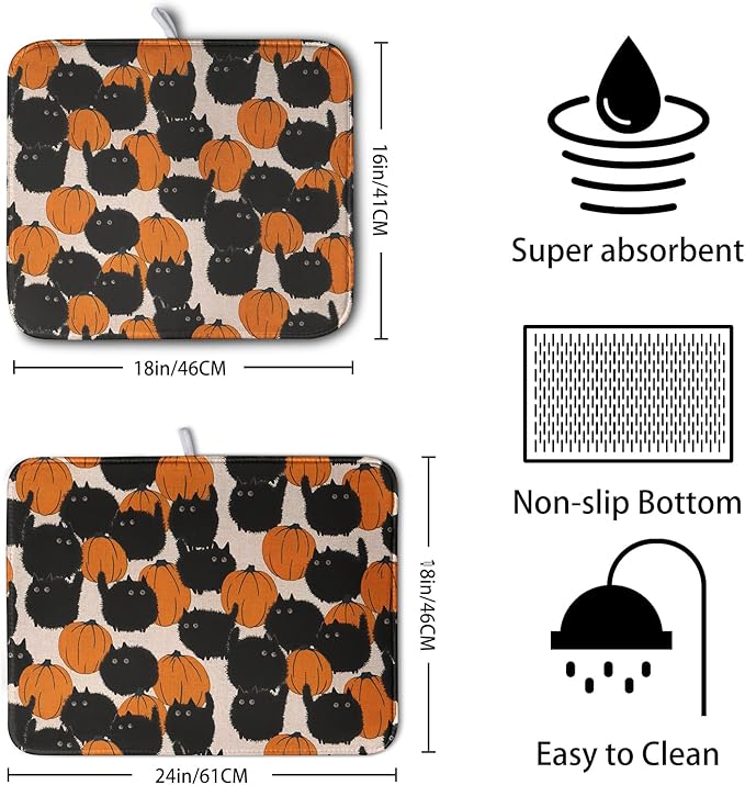Happy Halloween Dish Drying Mat for Kitchen Counter 16x18 Inch Cute Pumpkin Black Cat Trick or Treat Drying Mats Large Microfiber Absorbent Dish Rack Pad for Coffee Bar Sinks Home Accessories
