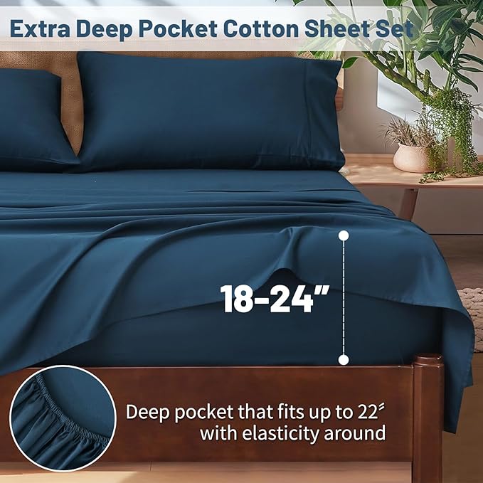 Extra Deep Pocket California King Sheets 18-24 Inch 100% Egyptian Cotton 1000 Thread Count Sateen Weave Soft Breathable 4 Pieces（Cal King,Navy）