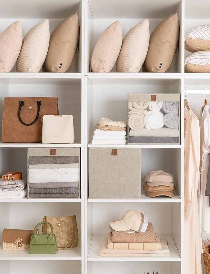 StorageWorks 13x13 Storage Cubes, Closet Storage Bins with Clear Window, Large Fabric Organizer for Clothes, Collapsible Storage Baskets with PU Handles, Brown and Beige, 3-Pack