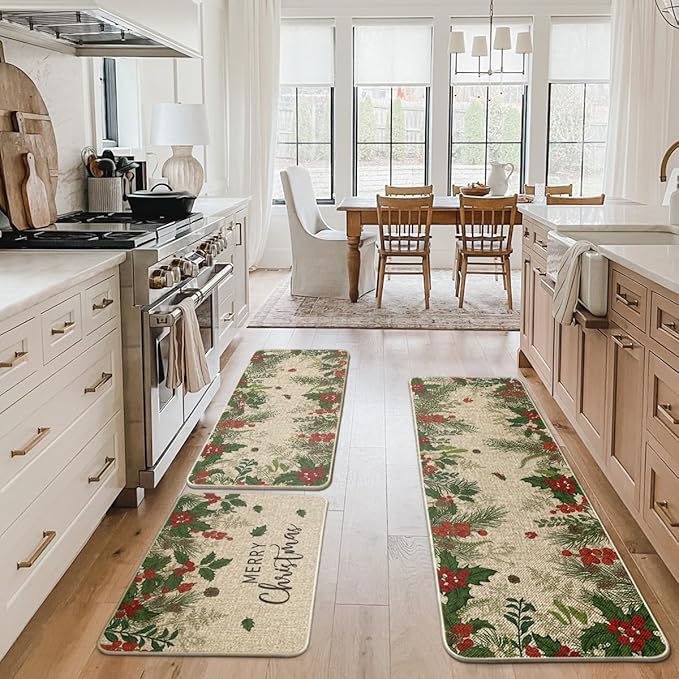 Artoid Mode Leaves Holly Merry Christmas Kitchen Mats Set of 2, Winter Home Decor Low-Profile Kitchen Rugs for Floor - 24"x36"+24"x59"+24"x72"