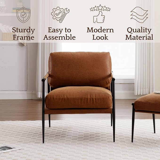 LukeAlon Mid-Century PU Leather Accent Chair, Ultra Soft Living Room Chair with Metal Legs Modern Armchair Upholstered Comfy Leisure Chair for Bedroom Reception Area Reading Room, Brown