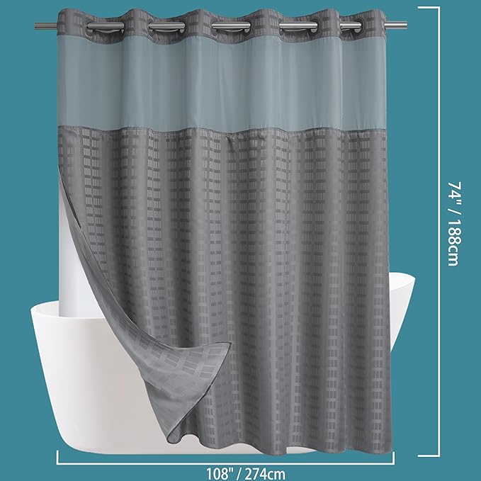 Conbo Mio Extra Wide No Hook Shower Curtain with Snap in Liner Set, 108" x 74" Hotel Luxury Grey Shower Curtains for Bathroom with See Through Top Window, Waterproof, Washable 108W x 74H
