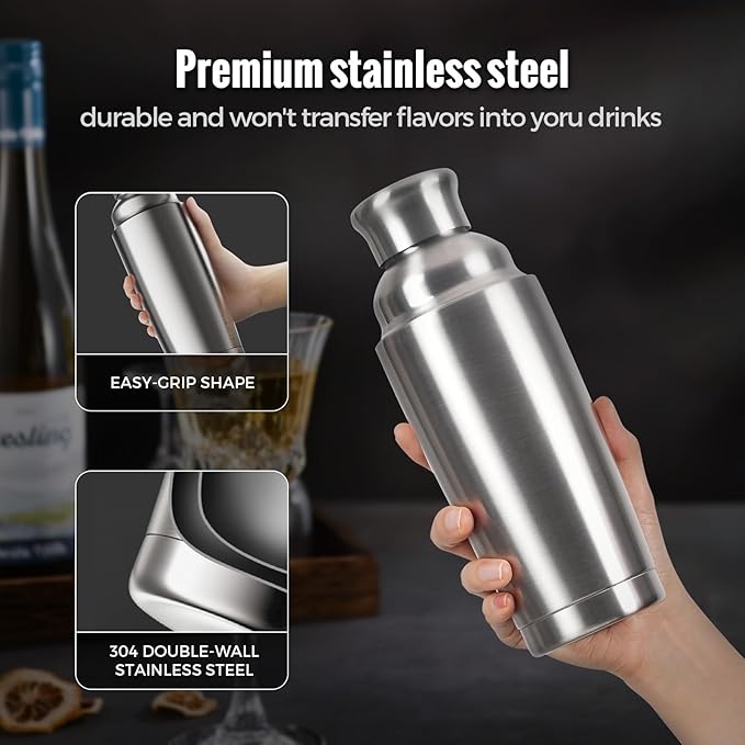 YARRAMATE 8Pcs 24oz Hybrid Vacuum Insulated Cocktail Shaker Set with Strainer, Premium Double Wall Stainless Steel Martini Shaker for Home Bar Bartending with Leakproof Seal, 25 Recipes | Gift Set