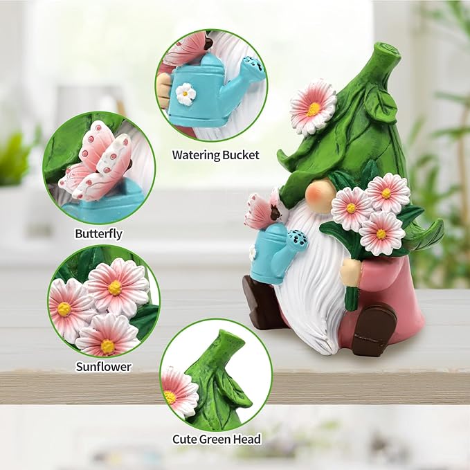 Spring Daisy Garden Gnome Figurine - 5.9'' Reisn Floral Gnome Garden Decorations Indoor Outdoor, Bright Summer and Fall Decor, Summer & Retirement Gifts for Women