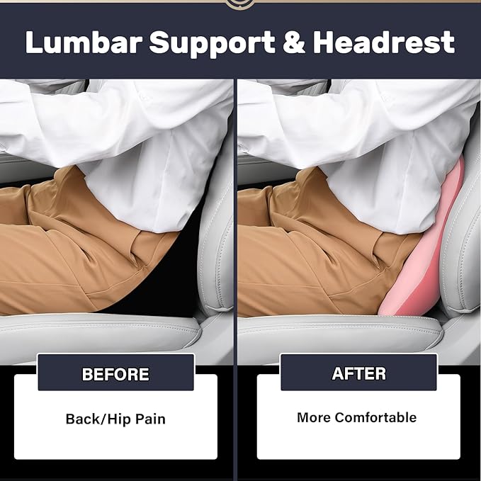 Coverado Lumbar Support and Headrest Pillow for Car, Memory Foam Ergonomic Head Neck Support Pillow for Driving Seat, Back Support and Pain Relief, Seat Cushion for Car, Driver, Office