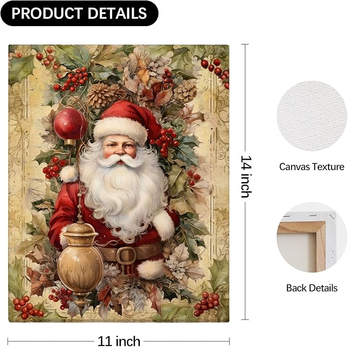 DSHFG Vintage Christmas Wall Art Xmas Decor, Santa Claus Decor Retro Christmas Tree Canvas Wall Art for Home Bedroom Living Room Office, Housewarming Gifts for Women, 14x11 Inch Framed