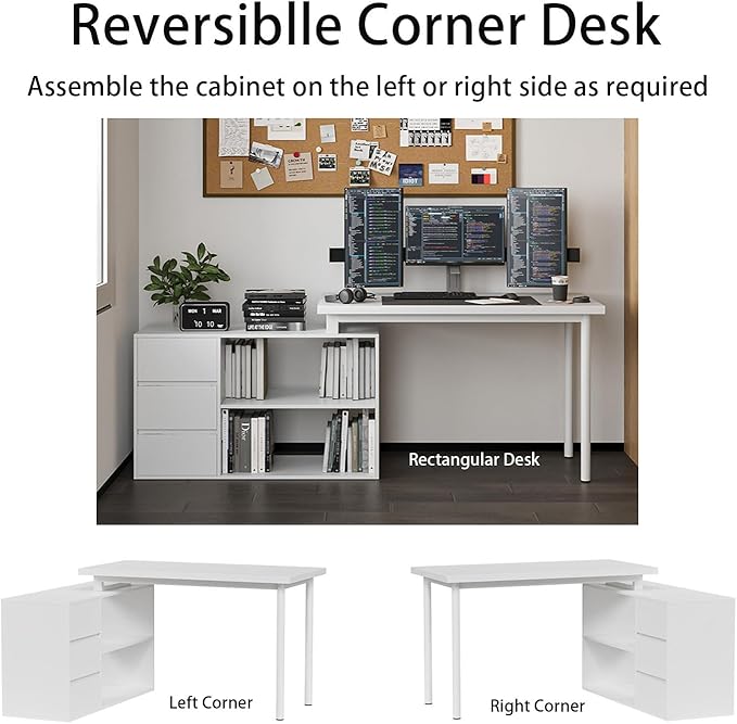 L Shape Computer Desk with 3 Drawers and 2 Shelves, Home Office Desk Corner Small Desk with Storage Cabinet for Writing Study Executive – White