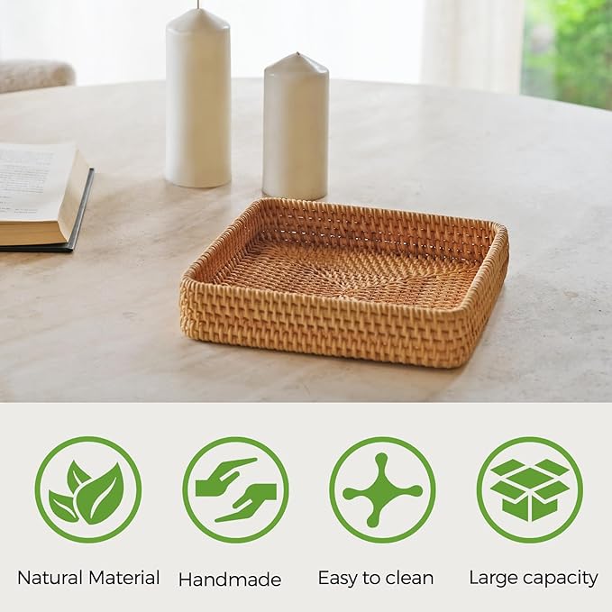 Rattan Serving Tray, Square Woven Storage Basket, Wicker Baskets for Organizing, Natural Wicker Decorative Serving Baskets for Organizing Tabletop Bathroom Kitchen Counter Square