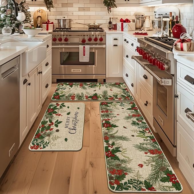 Artoid Mode Leaves Holly Merry Christmas Kitchen Mats Set of 2, Winter Home Decor Low-Profile Kitchen Rugs for Floor - 24"x36"+24"x59"+24"x72"