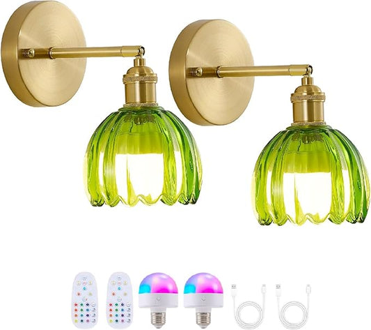 Vintage Battery Operated Wall Sconces with Remote, 180 Degree Adjustable, Modern Battery Powered Wall Lighting Fixture with Green Tulip Glass Lampshade for Bedroom Bedside Bathroom-2Pack