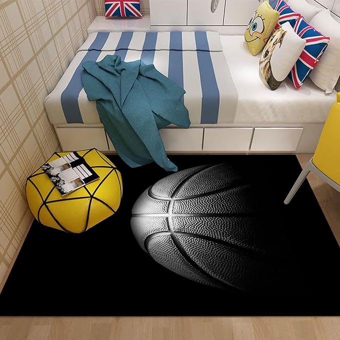 kxry 4 * 6 Feet Black Basketball Soft Area Rugs for Kids Girls Boys Basketball Sports Floor Carpet for Living Room Bedroom Dorms Nursery Rooms Home Decor Aesthetic