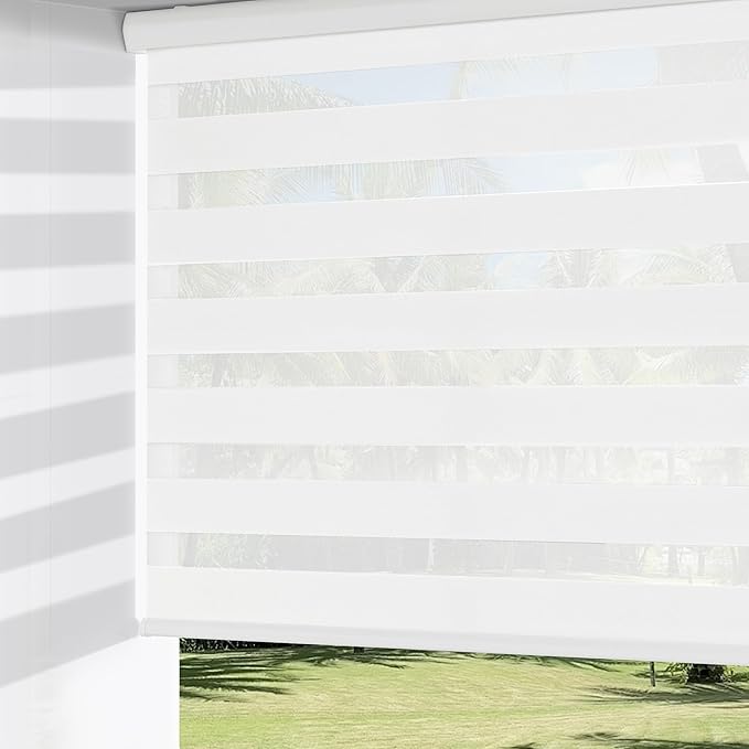 ChrisDowa Cordless Zebra Blinds for Windows, Dual Layer Free-Stop Light Filtering Window Roller Shades, Pull Down Privacy Zebra Shades for Home, Office, Bedroom, Door (27" W x 72" H, White)