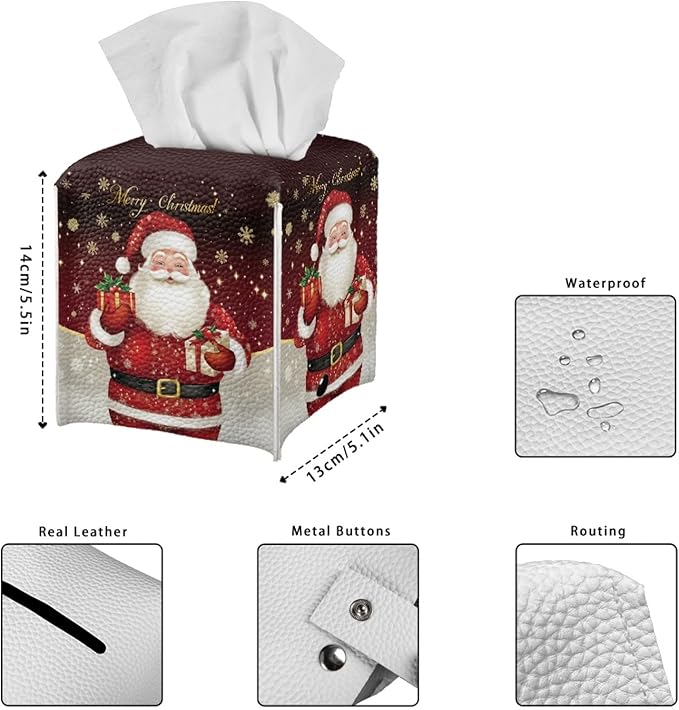Santa Claus Tissue Box Cover Square Facial Tissue Holder Storage for Bedroom Bathroom Night Stand Car Modern Christmas Decorative with Buttons Napkin Case Covers