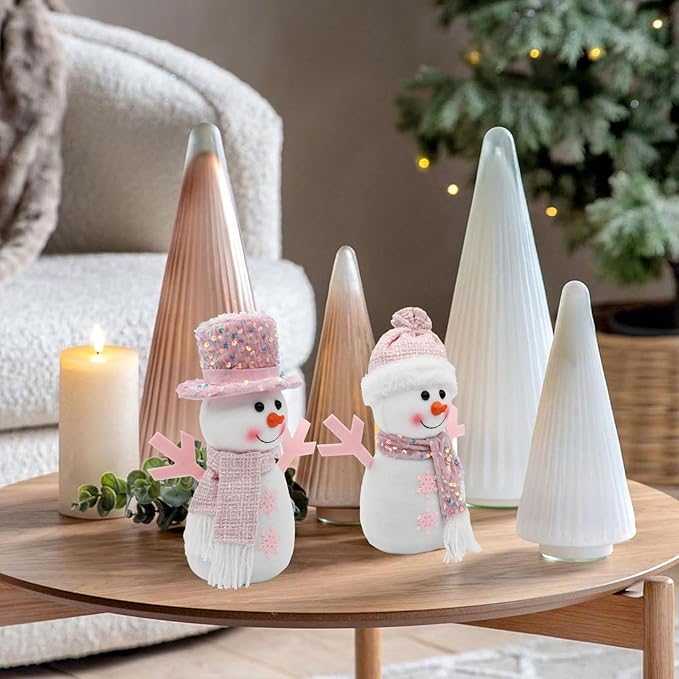 Pink Christmas Snowman Decor Indoor, 2Pcs Pastel Snowman Plush Room Decor, Winter Christmas Ideas Winter Table Centerpiece Shelf Tiered Tray Mantel Display