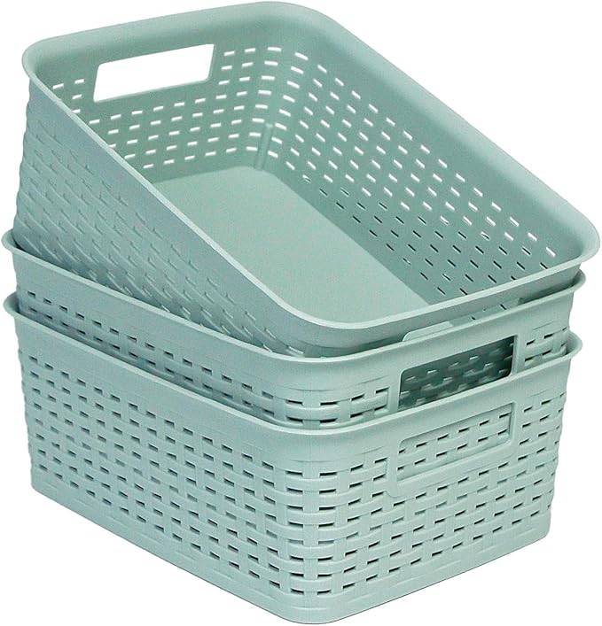 Soddeph Plastic Storage Baskets for Cabinets, Household Pantry Organization with Handle,Organizer Bins for Room,Bathrooms,Under-Sink,Kitchen (Green, S-3PACK)