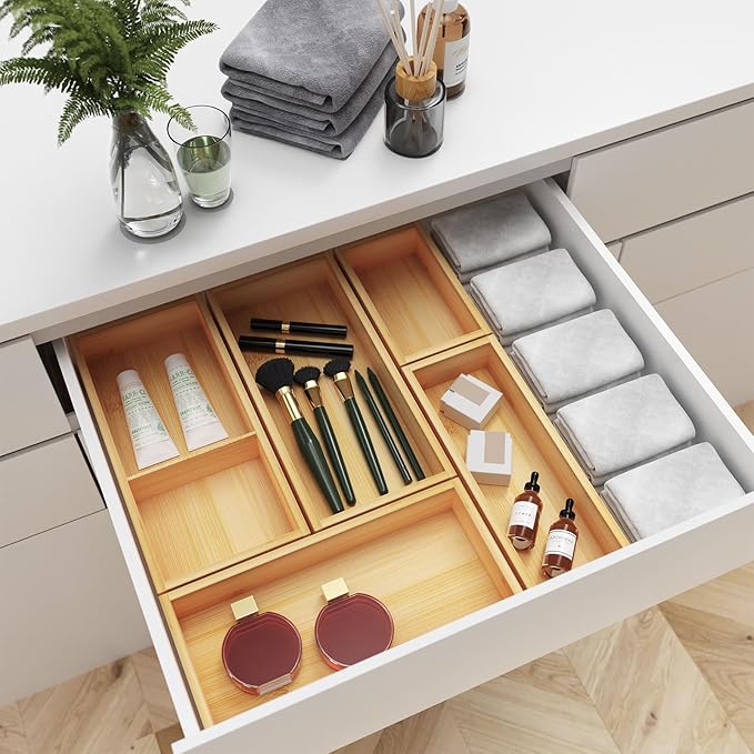 Bamboo Drawer Organizer Set, 5-PCS Adjustable Kitchen & Office Drawer Organizers, Multipurpose Storage Trays for Utensils, Makeup, Jewelry, Bathroom & Desk Accessories