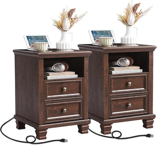 Farmhouse Nightstand Set of 2 with Charging Station, Rustic Brown Nightstand,2 Drawers End Table for Living Room,Bedside Table with Open Shelf for Bed Room,Walnut