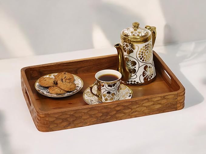 Vesta Homes Acacia Wood Serving Tray for Home/Kitchen/Restaurant/Office Organizer/Dining Table | Premium Serving Trays | 38 x 25 x 5 cm | Handcrafted in India