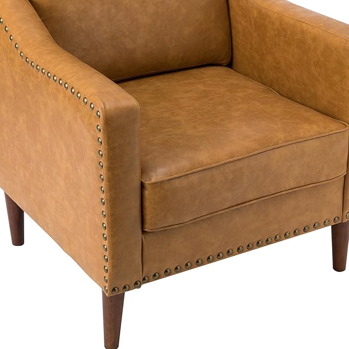 HULALA HOME Faux Leather Accent Armchairs Set of 2 with Back & Seat Cushions, Traditional Club Chairs with Nailhead Trim, Comfy Upholstered Sofa Chairs for Living Room Bedroom, Camel